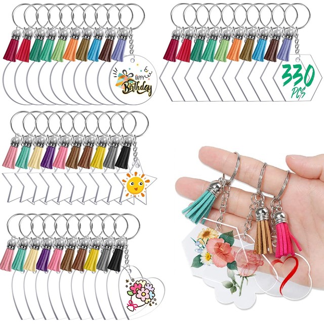 330pcs Acrylic Keychain Blanks 4 Shapes Clear Acrylic Blanks for vinyl bulk Key  Chain Tassels Chain Rings for DIY Keychain